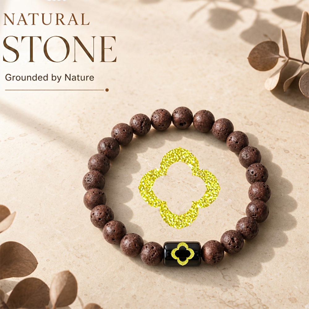 Women's Natural Stone Beaded Bracelet with Golden Four-Leaf Clover